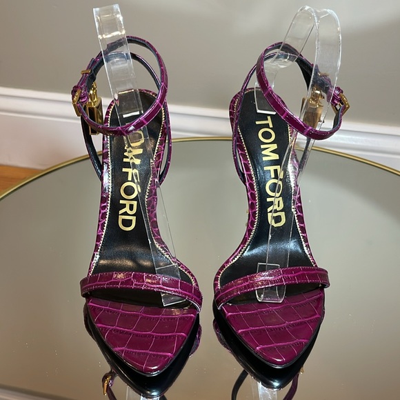 Tom Ford Padlock 105 lock cranberry leather heeled sandals sz 38.5 - Picture 12 of 17